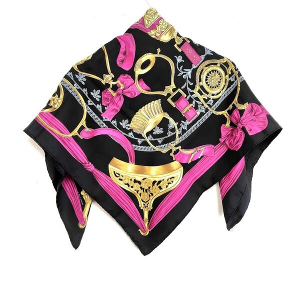 Auth HERMES Carre 90 - Black Gold Pink Silk Scarf - Picture 3 of 12